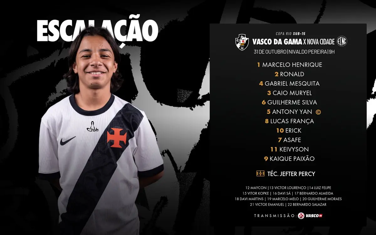 Vasco Sub-15 divulga escalação para enfrentar o Nova Cidade na Copa Rio