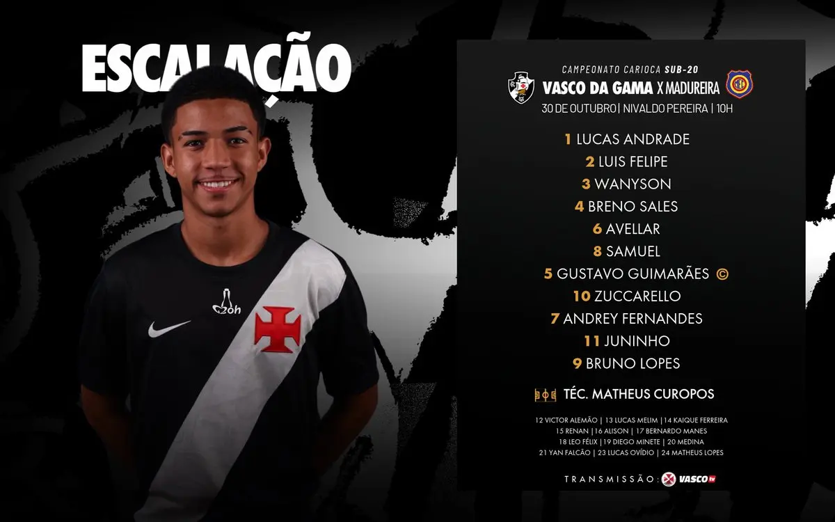 Sub-20: Vasco divulga escalação para duelo contra o Madureira no Carioca